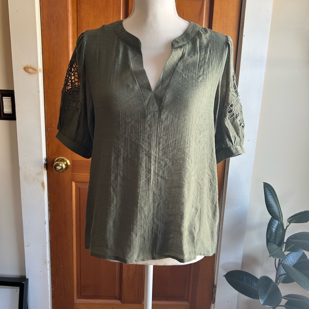 Nanette Lepore Olive Blouse with Eyelet Sleeve Lace Detail